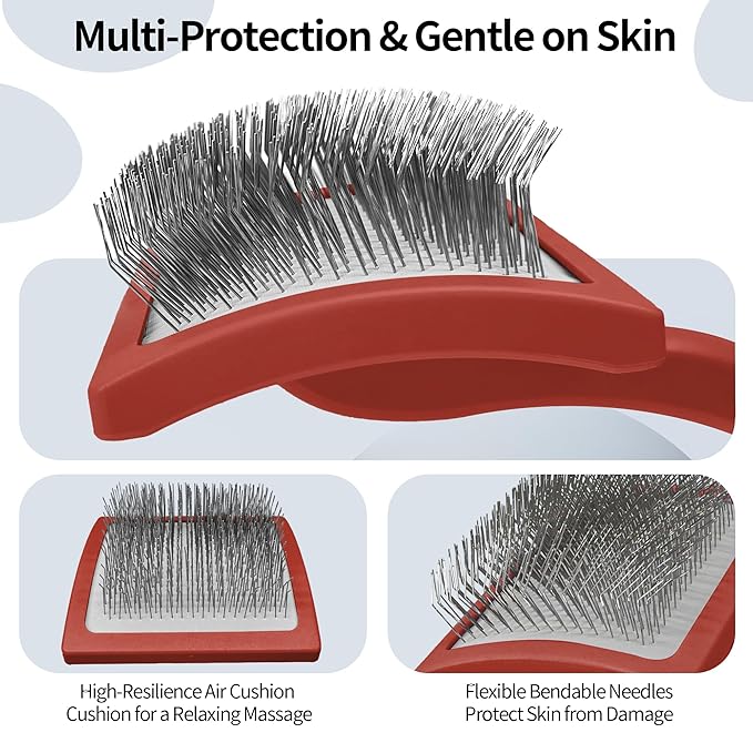 Pet Slicker Brush for Long & Short Hair - Detangling Tool for Dogs & Cats - 135° Angled Stainless Steel Pins, Curved Handle - Gentle Grooming for Small/Medium/Large Breeds (Red)
