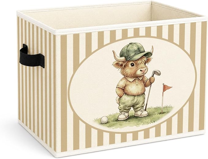 Highland Cow Storage Bin, Foldable Fabric Basket for Kids Room | Foldable fabric storage bin with golf cow design for toys, books, clothes, nursery, bedroom, and playroom use.