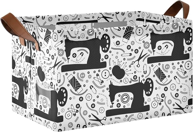 Black White Sewing Tools Printed Storage Basket Foldable Cube Storage Bins with Handles&Label Collapsible Organizer Box Bin Large Rectangle Decorative Baskets for Shelves Home Living Room Closet