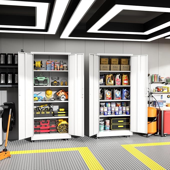 Greenvelly Metal Garage Storage Cabinet with 4 Swivel Wheels, 73" White Storage Cabinet on Wheels, Rolling Tool Cabinet with Locking Doors and Shelves for Garage, Basement, Home, Warehouse