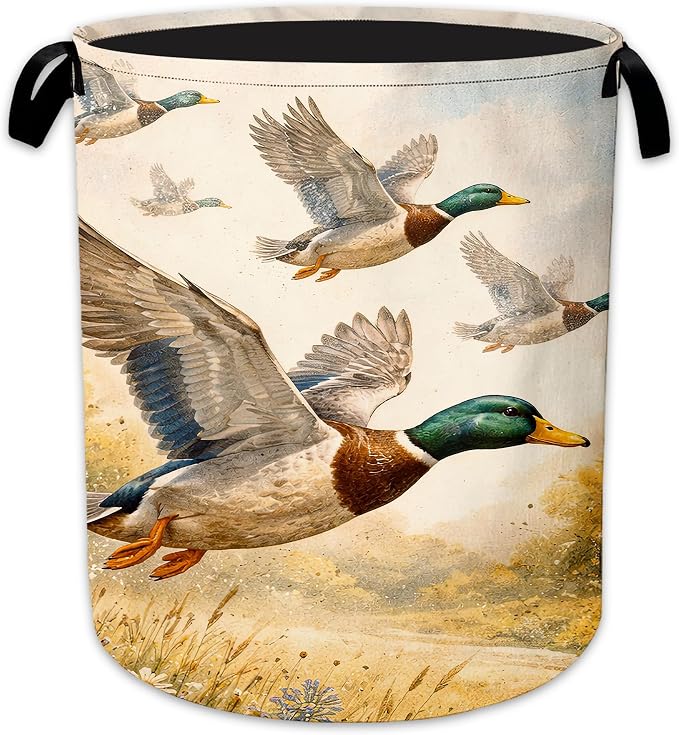 Laundry Hamper, Flying Ducks Collapsible Wildflowers Laundry Baskets Waterproof Oxford Cloth With Handles, Clothes Storage Bucket For Bathroom/Bedroom 16" x 20.8"