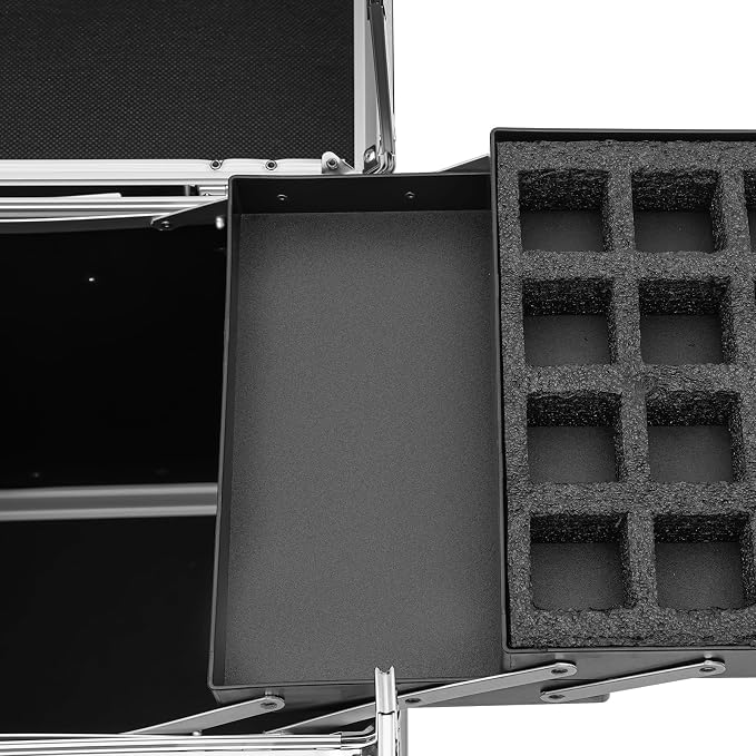 Rolling Makeup Train Case, Aluminum Cosmetic Case Rolling Makeup Trolley Case with Key, Large Storage Cosmetic Trolley 4 Tray with Sliding Rail, Salon Barber Case Traveling Cart Trunk