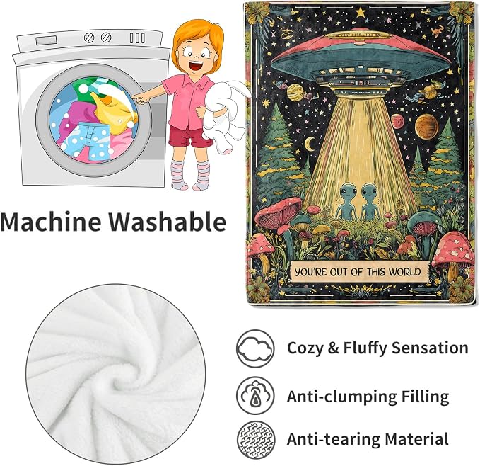 Alien & UFO Blanket Space Throw Blankets with Colorful Mushroom, Planet & Star,Birthday Gifts for Kids Adult & Sci-Fi Lovers,Lightweight Soft Fleece,for Sofa Couch Bed Room Decor 50x60in