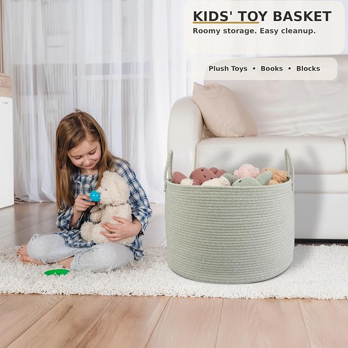 XUANGUO 66L Large Blanket Basket, Round Cotton Rope Basket, Light Green | 20" x 13" Laundry Basket with Sturdy Handles for Blankets, Pillows and Toys; Storage for Living Room, Bedroom and Nursery