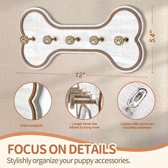MTERSN Dog Leash Holder Wall Mount with 3D Paws Hooks, Distressed White | Bone-Shaped Dog Leash Holder for Wall, Leash Holder, 5 Dog Leash Hook, Pet Accessories Storage, Gift for Dog Lovers