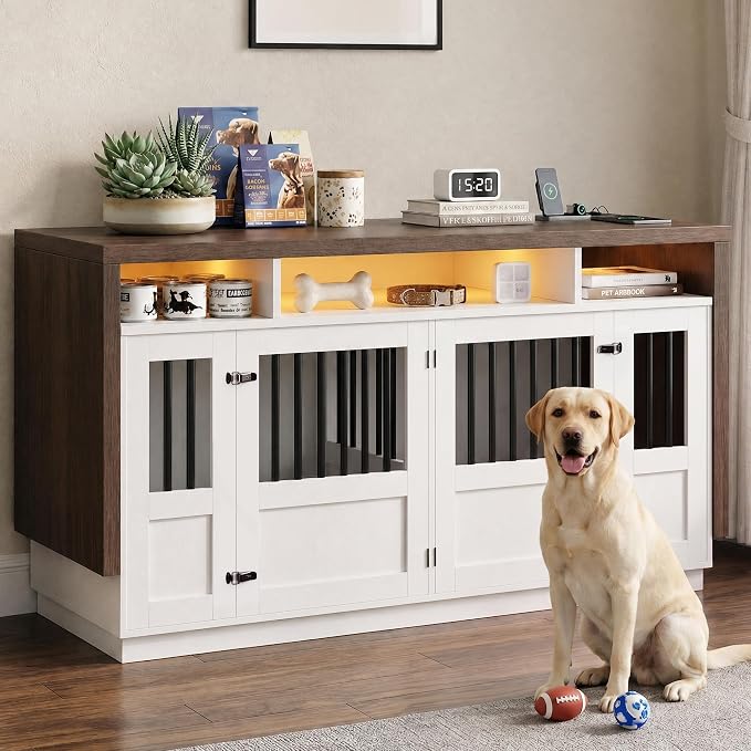 Furniture Dog Crate, 71" Double Dog Crate Furniture Brown & White | with Divider & Power Outlet, Heavy Duty Dog Kennel Furniture for Medium Dogs, Wooden Large Dog Crate with Storage