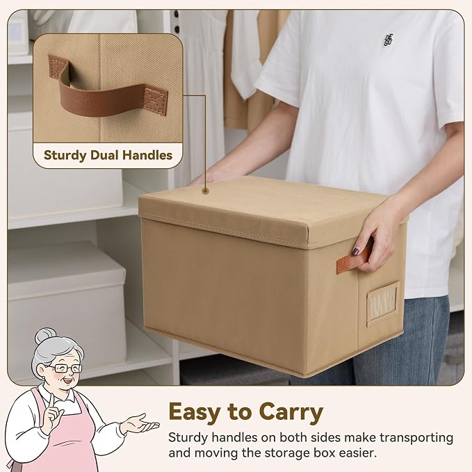 GRANNY SAYS Storage Bins with Lids, Decorative Storage Boxes with Lids | Storage Box with Dust Cover, Handles & Lable, Collapsible, Ideal for Closet Clothes Blanket Toys, Large, Brown, 3-Pack