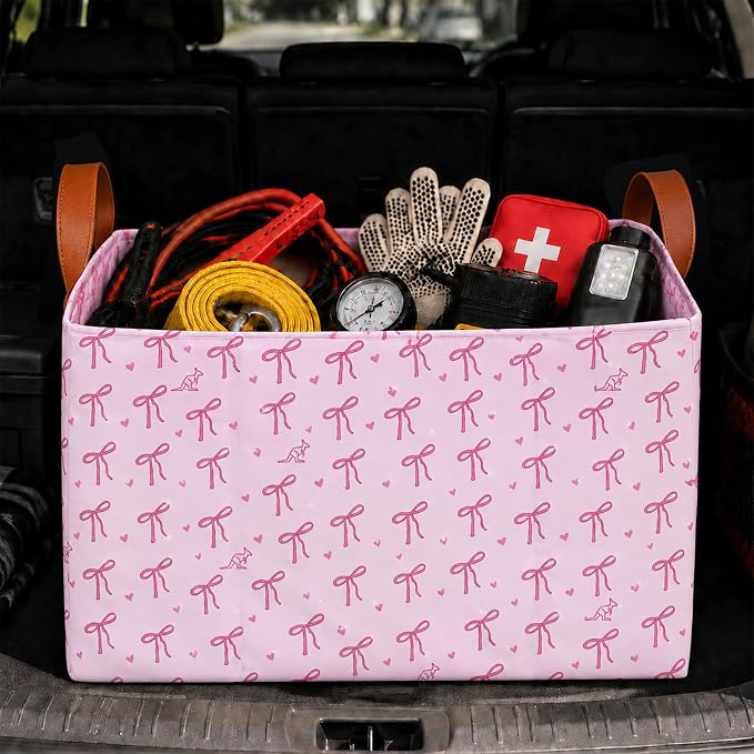 Bow Car Trunk Organizer 20L Collapsible Auto Storage Basket with Handles | Waterproof Soft Storage Chest,Shopping Grocery Bags Rectangle Fabric Bins Storage Box for Car SUV,Bow Gifts for Women Driver