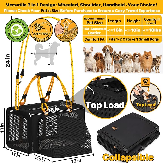 PAWZIDEA Expandable Pet Carrier for Small Cats & Dogs, TSA Airline Approved | 18"×11"×11" Soft-Sided Small Dog Travel Bag, Collapsible Top-Load Cat Carrier for 2 Cats Under Seat, Puppy Car Seat Up 15lbs