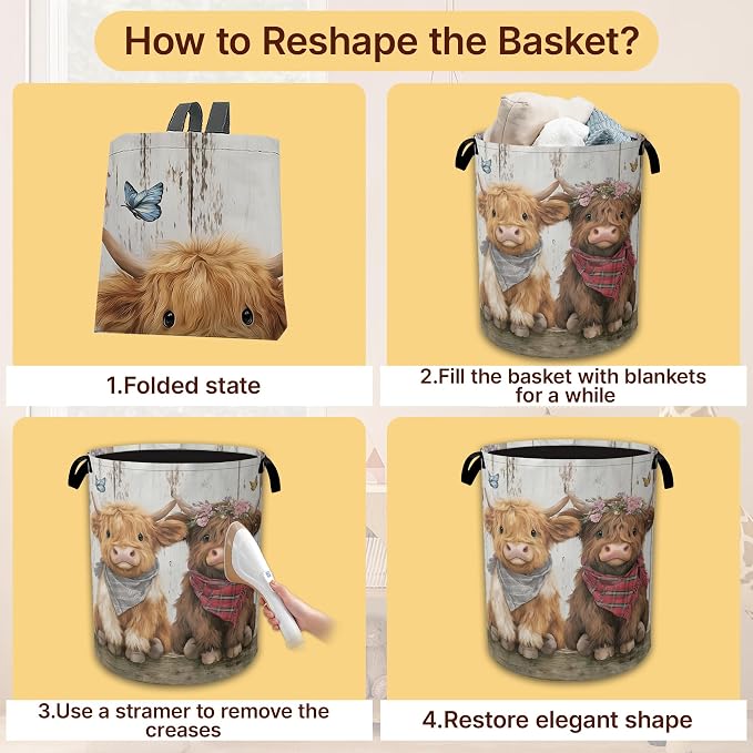 Laundry Hamper Foldable with Handles,Cute Highland Cow Oxford Cloth Laundry Basket,Storage Organizer for Bathroom Bedroom Dorm 16"x20.8"
