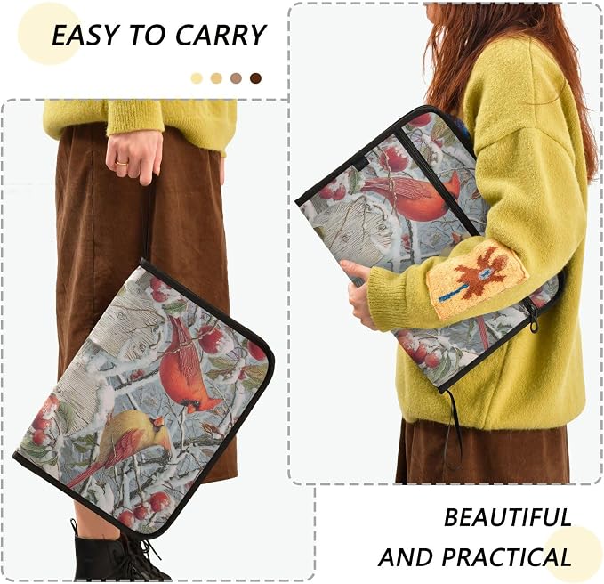 Cardinals Among Snow-Covered Apples Expanding File Folder with Sticky Labels, 13 Pockets Accordion File Folder Document Organizer Expandable Zip File Folder with Zipper Closure