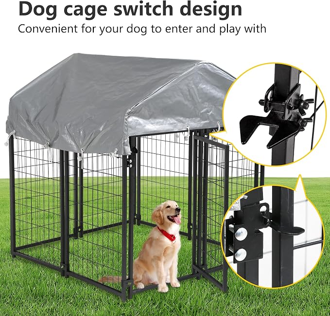 FDW 4 x 4 x 4.3 Ft Dog Kennel Outdoor Welded Wire Heavy Duty Playpen Dog Crate Cage with Waterproof Cover Roof and UV Resistant Pet Kennel Fence with Secure Lock, Black
