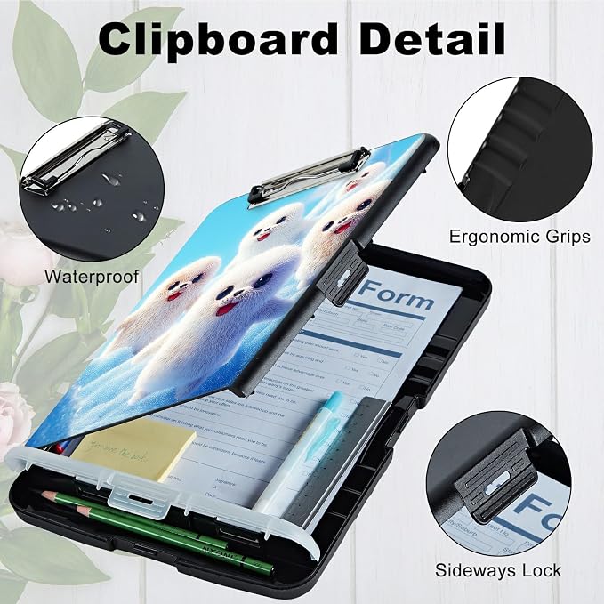 A4 Clipboard with Storage Pen Holder, Clipboards Organizer Nursing Clipboard Foldable File Folder Plastic Clipboard Folio Clip Board for Office Work Classroom Doctor, Snow Sea Lion