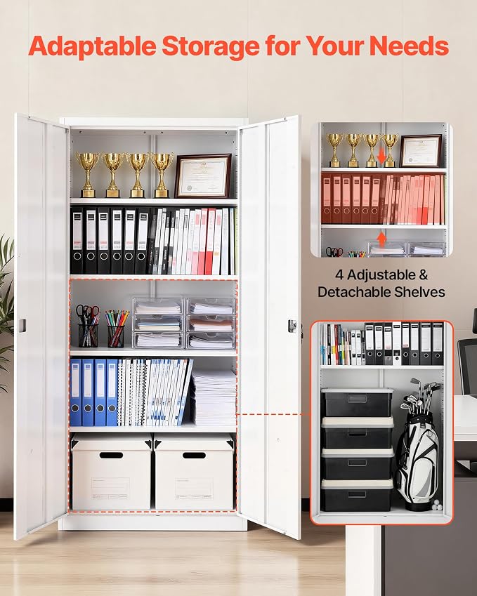 VEVOR Metal Storage Cabinet, Lockable Steel Garage Cabinet with Adjustable Shelves, 2 Magnetic Doors, 2 Keys, 5-Tiers Tool Storage Locker for Home, Office, School, Warehouse, Basement, Laundry, White