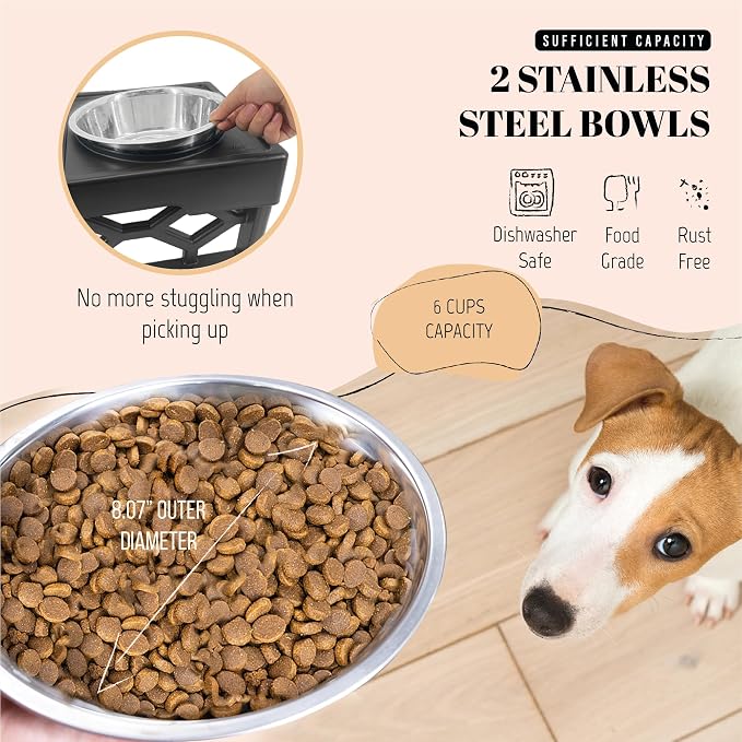 AVERYDAY Elevated Dog Bowls, 4 Height Adjustable Stand for Medium and Large Dogs, Raised Dog Feeder Holder with 2 Stainless Steel Food and Water Bowls, Anti-Slip Base Tall Feeding Station