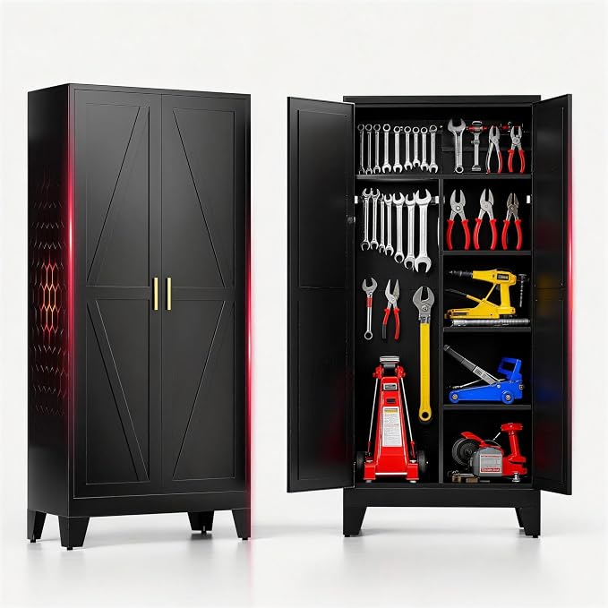 71" H Broom Closet Storage Cabinet,Metal Garage Storage Cabinets,Utility Cabinet,Black Storage Cabinets