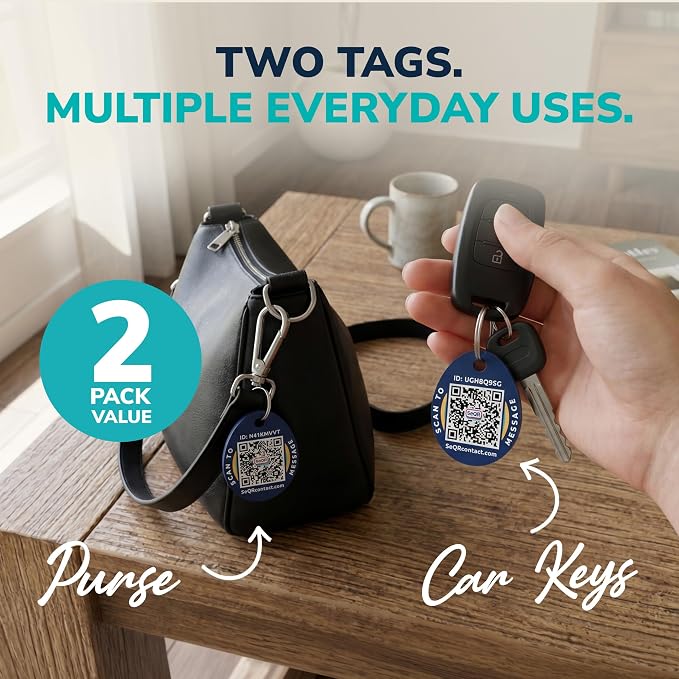 Smart Keychain Messaging Tags | Key Recovery Privacy QR Tags, 2-Pack | Lost Key Privacy Messaging | Customizable QR Smart Keychain Tags | Use as Owner ID with Samsung GPS Tile Tracker | No Fee
