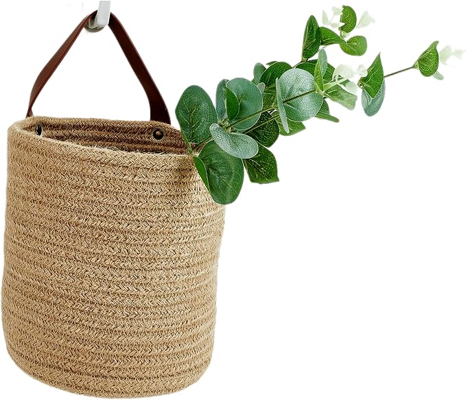 Wall Hanging Storage Basket, Woven Plant Holder for Organizing, 6.3” x 7" | Small decorative basket for towels, and toys, flowers. Hanging storage organizer for wall decor and home organization.
