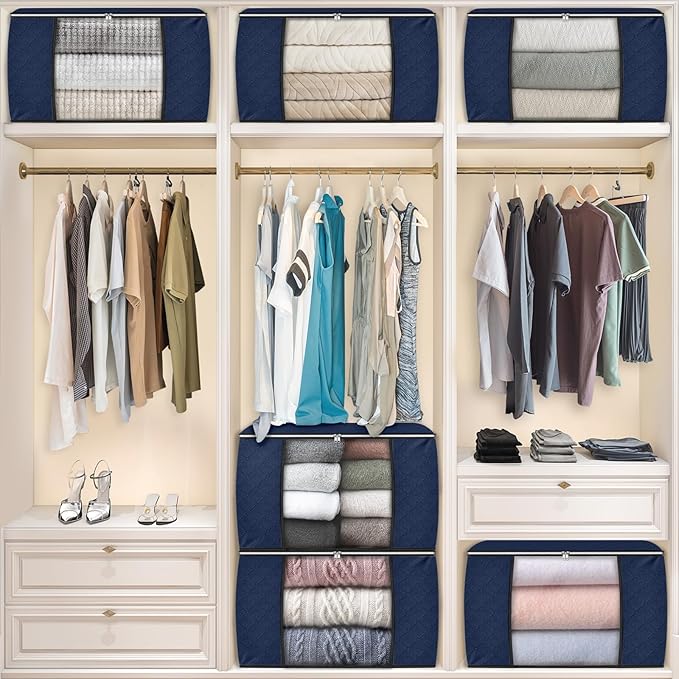 90L Clothes Storage, Foldable Thick Fabric Blanket Storage Bags | Foldable Containers with Zippers,Window and Handles for Organizing Bedroom, Closet, Comforter, Bedding,Dorm essentials