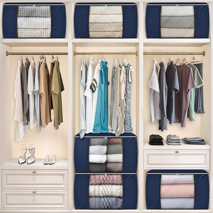 90L Clothes Storage, Foldable Thick Fabric Blanket Storage Bags | Foldable Containers with Zippers,Window and Handles for Organizing Bedroom, Closet, Comforter, Bedding,Dorm essentials