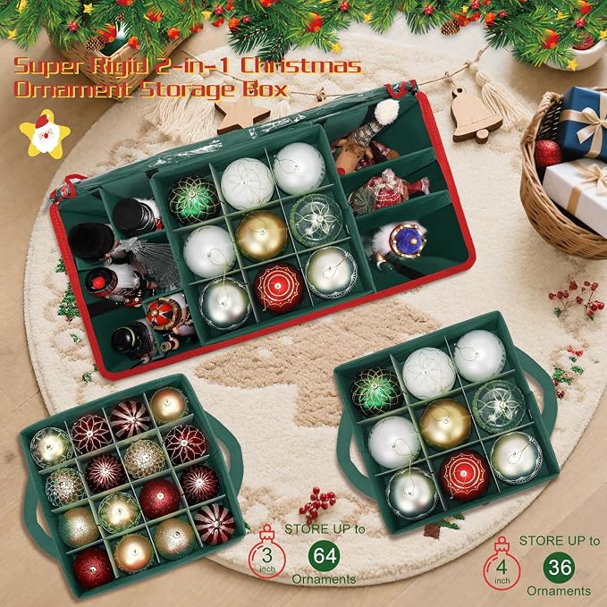 2-in-1 Christmas Ornament Storage Box Keeps 64-3"/36-4" Holiday Ornaments | Xmas Figurine Organizer Container,4 Separate Trays , Adjustable Extent Area for Figurines and Pockets for Holiday Décor