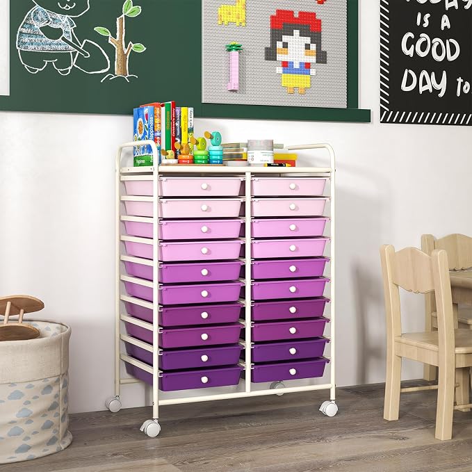 20 Drawer Rolling Storage Cart, Art Cart Organizer with Wheels for Makeup, Tool, Paper, Multipurpose Craft Storage Cart with Drawers for Office, Home, Classroom, School (Gradient Purple)