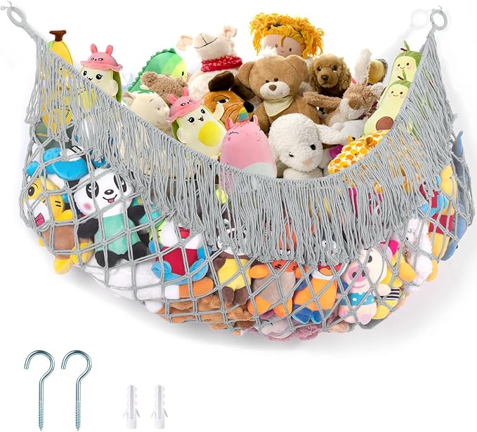 Stuffed Animal Hammock - Extra Large 63'' Long (Light grey) | Premium Cotton Hand-knitted, Beautiful Long Tassel, Storage Hanging Organizer, Can Fit Stuffed Animals 40 Piece or More