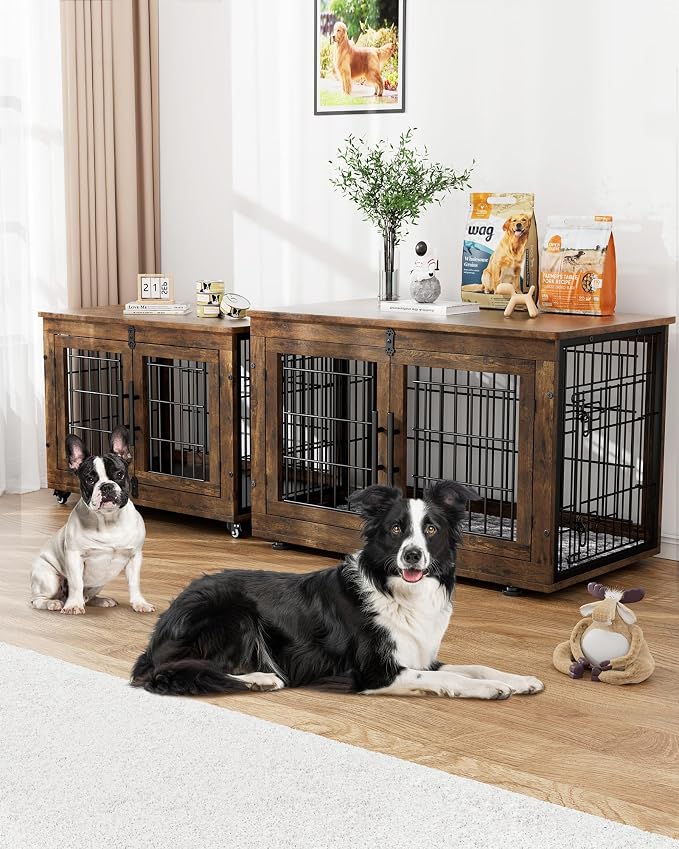 YaFiti Dog Crate Furniture, 38.5" Wooden Indoor Dog Kennel, Rustic Brown | for Large/Medium Dogs, Up to 70 lb, Cushion, Wheels, Double Doors, Furniture Style, Side End Table, Decorative Pet Cage House