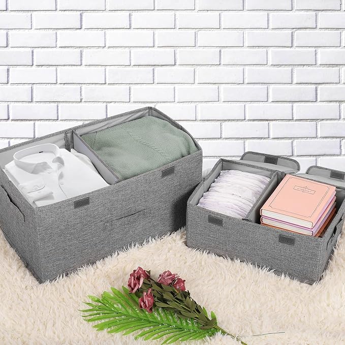 2 Pack Storage Boxes with Lids and Handles, Collapsible Linen Storage Bins Organizer Containers Baskets Cube with Removable Divider for Home Bedroom Closet Office (Orange, Large)