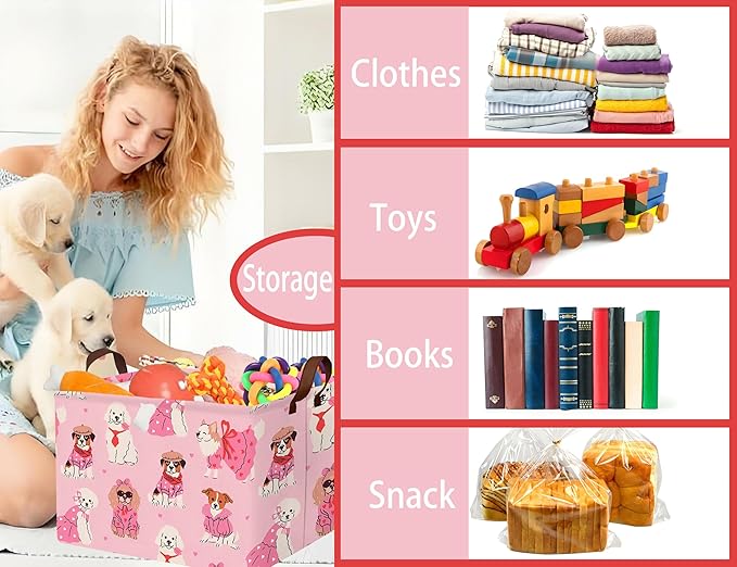 Pink Dog Toy Basket Collapsible Puppy Bin Storage Organizer Large Pet Box With Handles (Girl Dog)