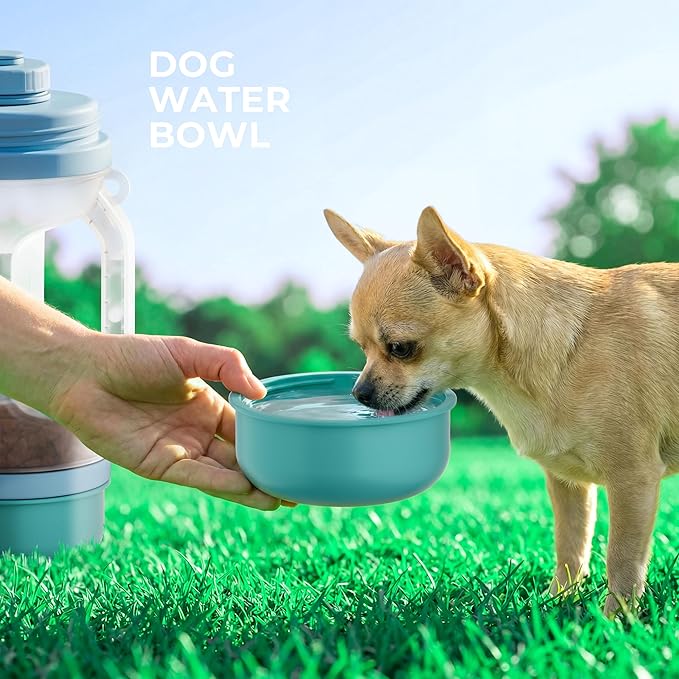 Dog Water Bottle with 20.3oz Water & 8.5oz Food Dispenser, 2 Detachable Bowls with Shoulder Strap, Leakproof Portable Travel Water Bottle for Pets Outdoor Walking, Hiking, Camping, Small