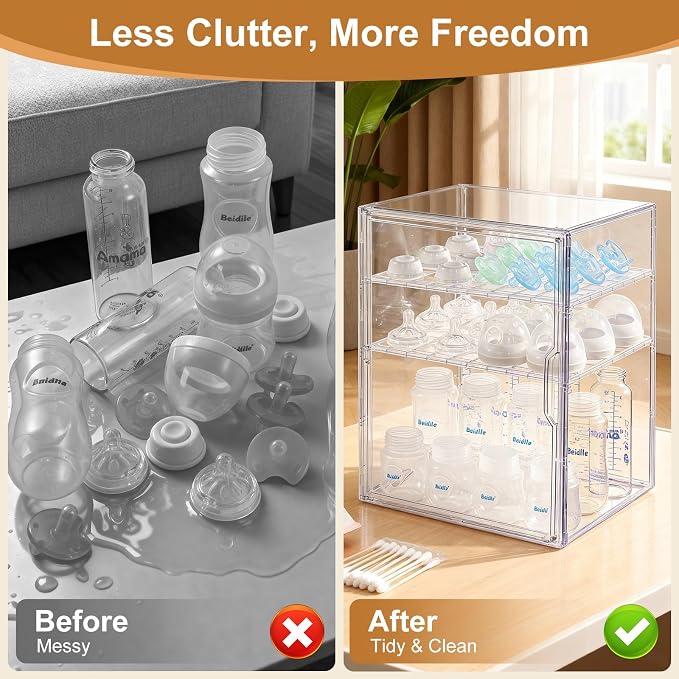 ERTIUANIO Baby Bottle Organizer – 3 Tier Bottle Storage Organizer Baby for Nipples, Pump Parts, Food Jars – Clear Acrylic Bottle Station Organizer for Countertop and Kitchen, Gifts for New Mom