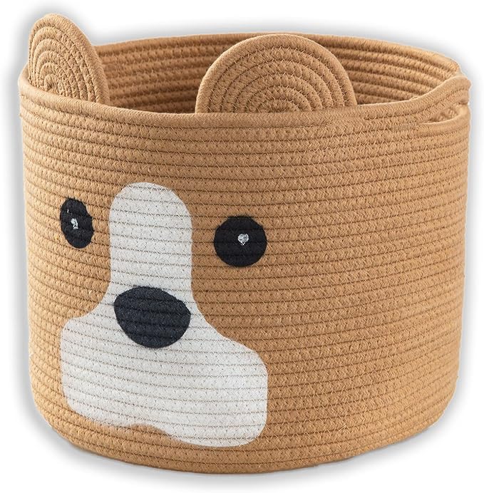 Medium Dog Woven Baskets with Handle, Dog Toy Hamper, Cotton Rope Dog Toy Storage Baskets for Pet, Animal Basket for Kids, Baby Gift Baskets for Dog Lovers, Khaki