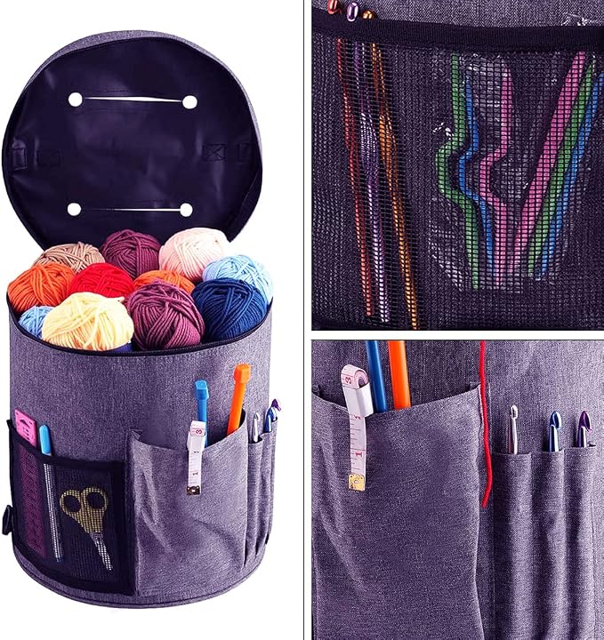 Weabetfu Large Capacity Portable Yarn Organizer Knitting Tote Storage Bag with Shoulder Strap Yarn Bags Have Pocket for Crochet Hooks,Knitting Needles & Accessories,Prevent Yarn Tangle(Purple)