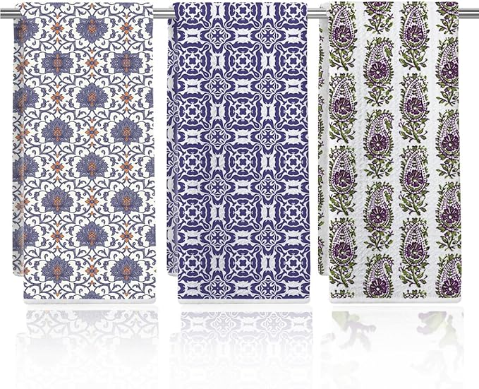 3 Pcs Retro Flower Kitchen Towels, Colorful Flower Soft Absorbent Hand Tea Towel, Microfiber Dish Cloths for Drying Dishes, Waffle Dish Towels for Kitchen Farmhouse Decor, Floral Gifts for Women Mom06