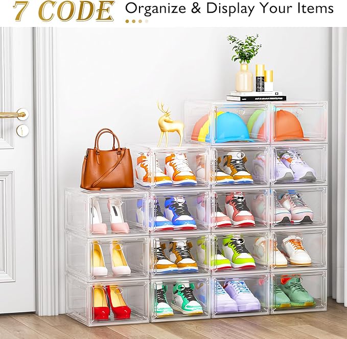 12 Pack Shoe Organizer, Stackable Shoe Storage Boxes with Magnetic Door | Clear Plastic Shoe Boxes for Sneakers, Boots & Heels, Foldable Space-Saving Shoe Rack for Closet, Durable Shoe Cabinet, White