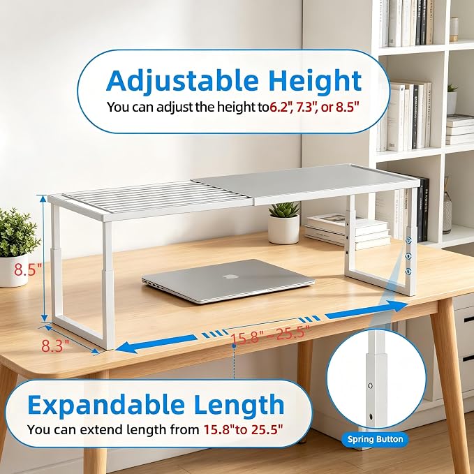 Cabinet Shelf, 1 Pack Stackable Shelf for Kitchen Storage | Expandable & Height Adjustable Cabinet Organizer Shelf | Metal Shelf Organizer | White Spice Rack for Pantry Storage
