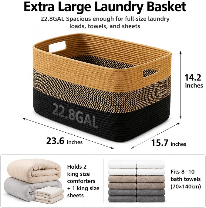 22.8GAL Extra Large Collapsible Laundry Basket for Dirty Clothes,Shoes, Sturdy Portable Aesthetic Boho Heavy Duty Wicker Hamper for Living Room Thow Pillows Blankets Storage Organizer,Khaki Black
