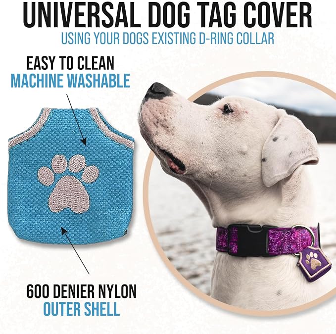 Woofhoof Dog Tag Silencer, Teal Pawprint - Quiet Noisy Pet Tags - Fits Up to Four Pet IDs - Dog Tag Cover Protects Metal Pet IDs, Made of Durable Nylon, Universal Fit, Machine Washable