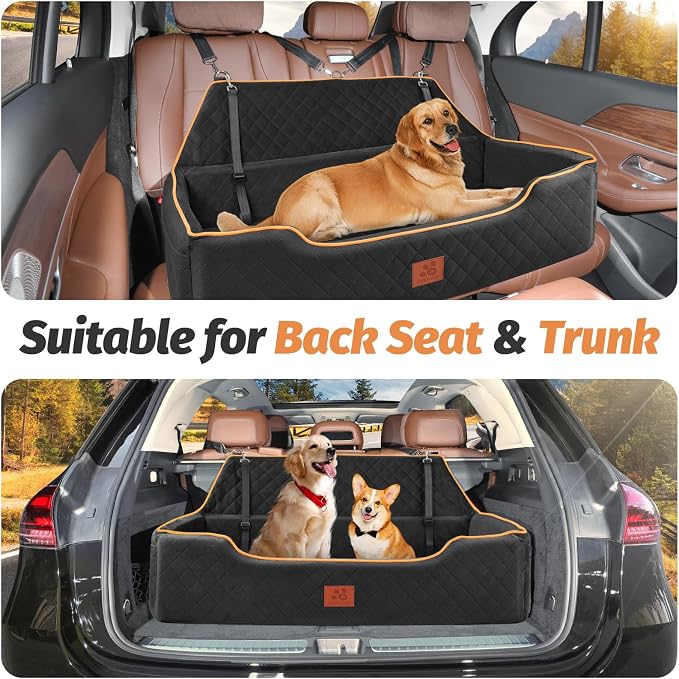 XIEEAOZEE Large Dog Car Seat for Dods Under 100 lbs, Memory Foam Dog Car Bed for Backseat & Trunk, Detachable and Washable Cover, Pet Travel Seat with Storage Pockets, 2 Safety Belts