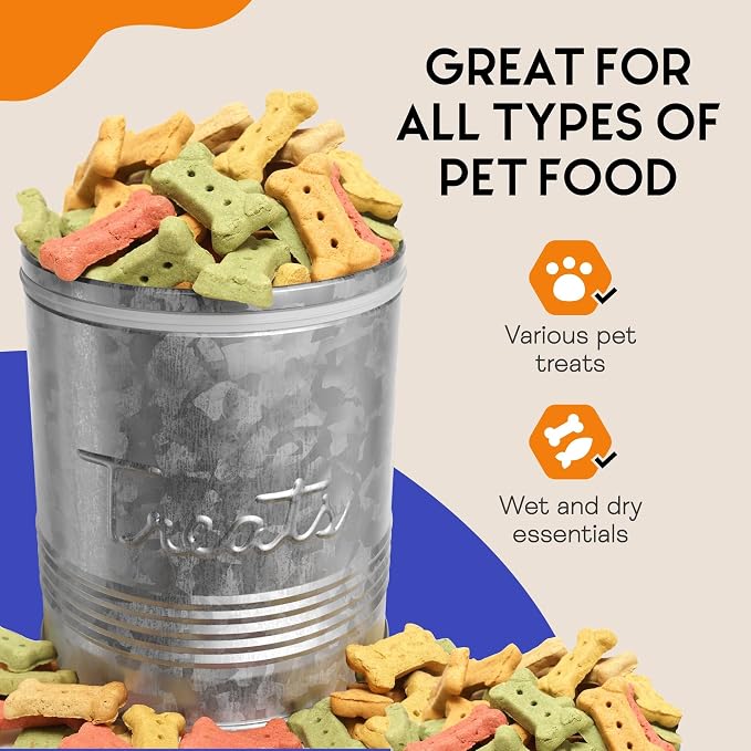 Amici Pet, Retro Treats Galvanized Relief Lettering Metal Storage Canister, Food Safe, Push Top, 72 Ounces (Pack of 2)