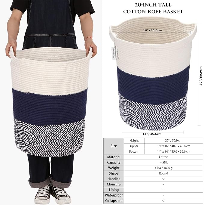 Sea Team Large Woven Cotton Rope Laundry Basket with Handles, 20 x 14 in | Collapsible Knitted Hamper, Closet Shelf Organizers, Containers for Clothing, Blankets, Toys, Bedding, Mottled Navy