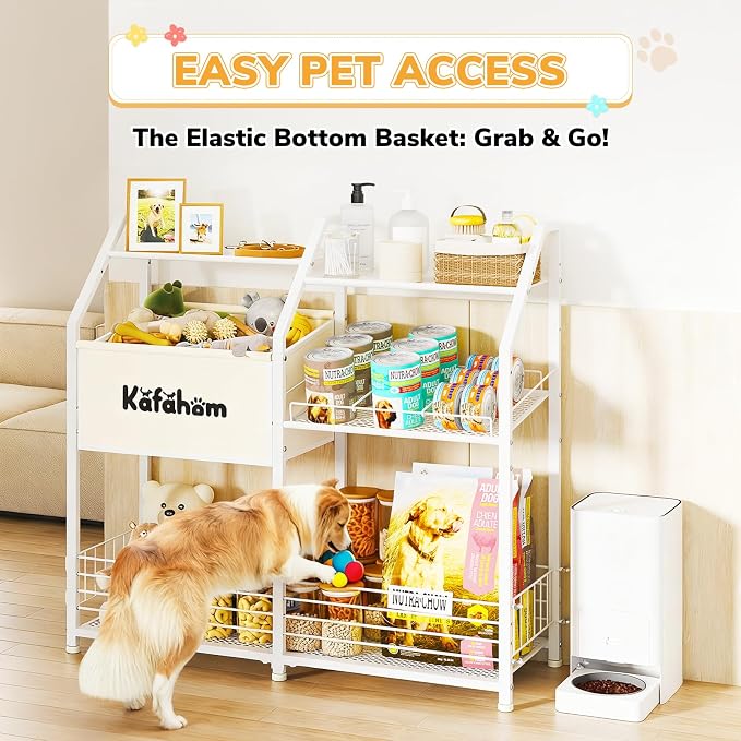 KAFAHOM Dog Toy Basket, Large Dog Toy Bin with Can Dispenser, Pet Toy box with Storage Shelf, Dog Stuff with Collar Leash Holder Rod, Ultimate Pet Furniture & Essentials, Dog Lover Gifts