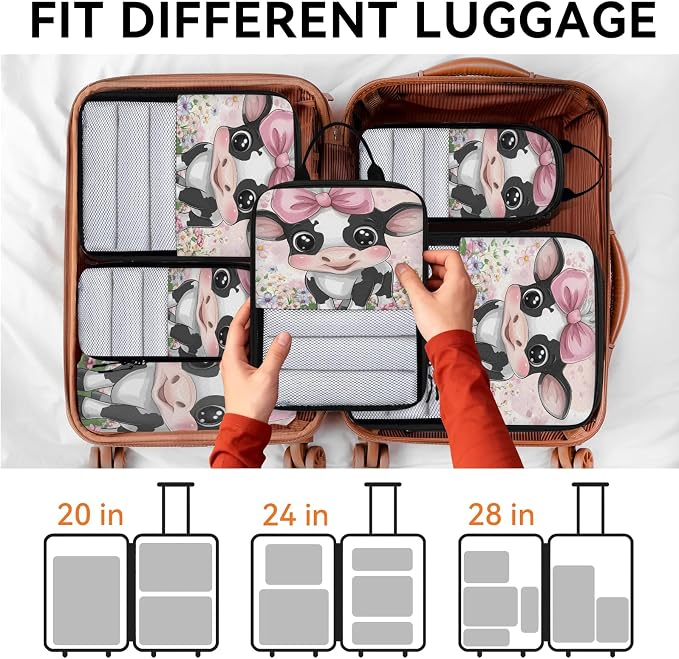 Cute 6 Set Compression Packing Cubes Cow Expandable Packing Organizer for Travel Accessories Luggage Suitcase Bag