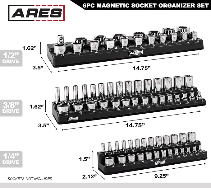 ARES 60160 6-Pc Black/Green Metric/SAE Magnetic Socket Organizer | Part No. 60160; Metric and SAE Set Black and Green -1/4 in, 3/8 in, 1/2 in Socket Holders -143