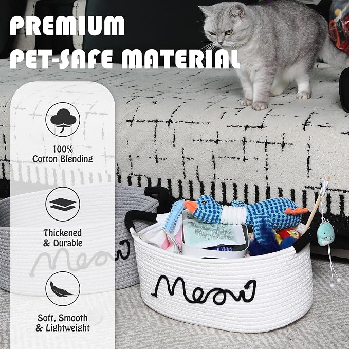 Sea Team Cat Toy Storage Basket with Handles, White Meow | Large Cotton Rope Storage Bin, Shelf Basket, Organizer for Pet Chew Toys, Foods, 16.5 x 11 x 7 Inches, 4.4 Gallons