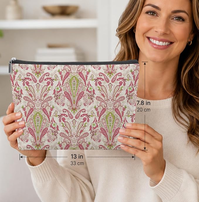 Boho Pink Paisley Empty Mahjong Tile Bag 13x7.8 Inch | Pink Green Floral Portable Travel Case Organizer Zipper Pouch for American Mahjong Tiles Game Night Accessories and Gifts