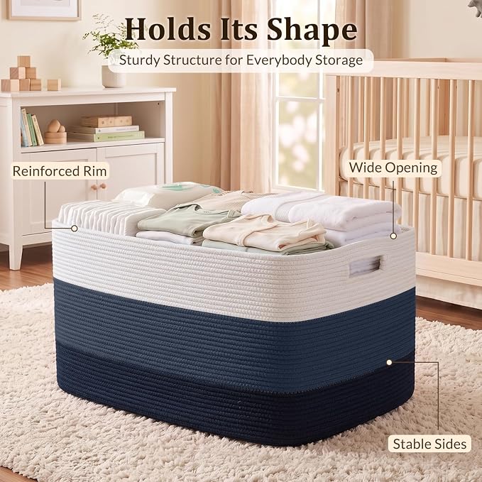 OIAHOMY 108L Extra Large Blanket Basket Dog Toy Basket Gradient Blue | Rectangle Woven Baskets for Storage Cotton Rope Basket For Living Room Toy Storage Blanket Storage Laundry Basket