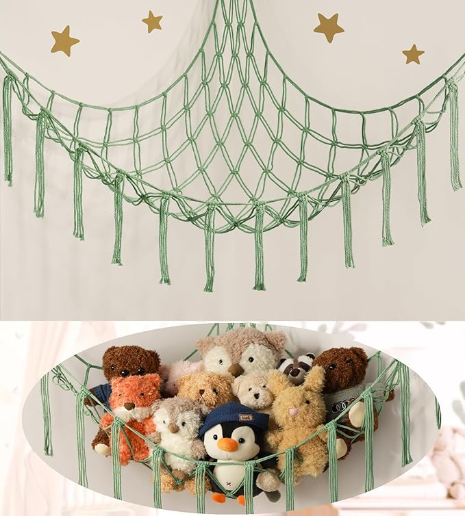 mirolam Stuffed Animal Hammock Corner Net for Toys Storage Hanging Stuff Animal Organizer Holder Matcha Green Room Bedroom Nursery Decor Organization