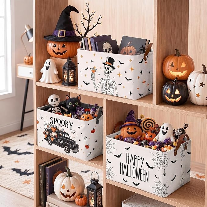 Britimes Happy Halloween Storage Baskets, Spooky Toy Storage Bins Box, 3Pcs | Halloween Skeleton Vintage Canvas Collapsible Baskets Organizer with Handles Nursery Decor Laundry Basket for Shelves Closet